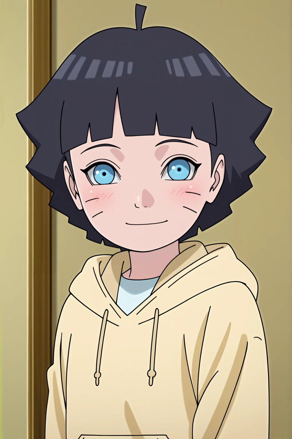 masterpiece, best quality, absurdres, highres, very aesthetic, very awa, BREAK, anime coloring, anime screencap,
 <lora:uzumaki_himawari_v2-illustrious_r1:1>,1girl, uzumaki himawari, boruto: naruto next generations, black hair, whisker markings, short hair, ahoge, blue eyes,
himaout, hoodie,
BREAK, looking at viewer, blush, smile, upper body, 
BREAK,