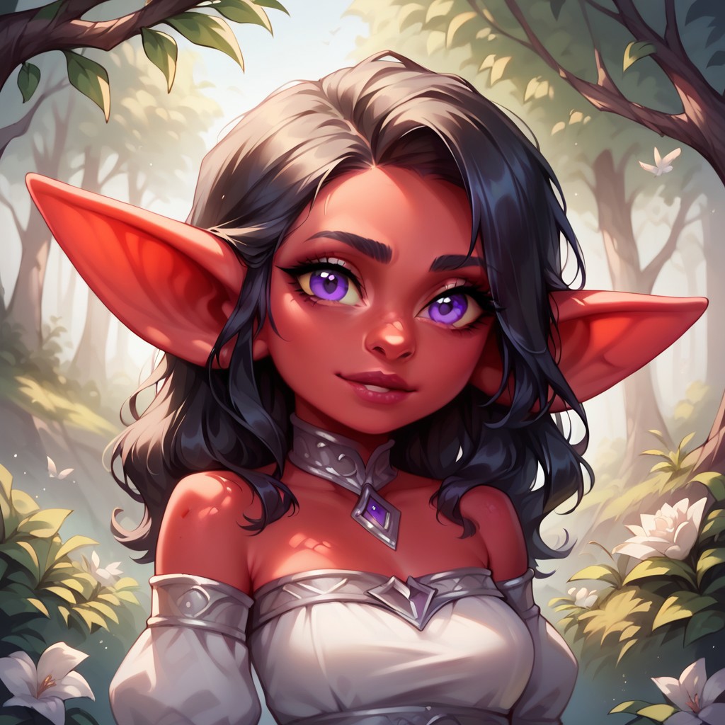 (((detailed, beautiful, high quality))), score_9, score_8_up, score_7_up, solo, upper body,
goblin, short stature, shortstack, long pointed ears, big eyes,
1girl, female focus, long black hair, purple eyes, red skin, white dress, 
(looking at viewer:1.2), posing,
forest,