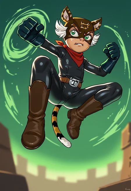 score_9, score_8_up, score_7_up, Crazyoe, 1boy, solo, male focus, El_Tigre, Mask, Green Eyes, white sideburns, Freckles, Cat Ears, Black Bodysuit, belt buckle, brown boots, Red Bandana around neck, black Gloves, tail, green aura, jumping kick, kicking, from below, jumping, foot focus