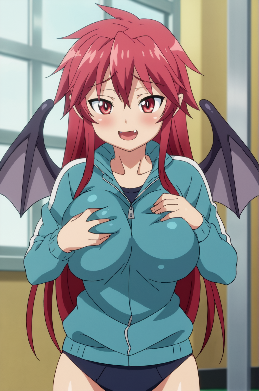 score_9, score_8_up, score_7_up,anime_source, source_anime, best background, detailed background, anime screencap,  Mari, 1girl, huge breasts, wings, blush, buruma, naughty face, grab own breasts, fang, gym uniform, jacket, open mouth, smile, solo, track jacket, window  <lora:JN_Mari_Setagaya:0.8>