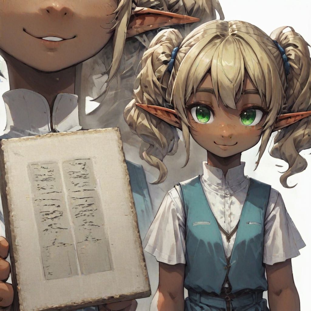ASCIILapanya, 1 person, 3/4 angle, solo, pointy ears, ((snout nose)), flat chest, stocky stature, bangs, ((dark tan skin)):1.2, blonde hair, twintail hair, wavy hair, smiling, green irises, white tunic, blue vest, white skirt, knee-length spats, standing, ((holding ridiculously tall stack of boxes and papers)), small nostrils, ((3 fingers 1 thumb)), tavern background, fully clothed, clean lines, close up, upper body focus, highly detailed face, high quality, best quality, masterpiece quality, snapshot, rating: safe