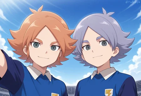masterpiece,best quality,amazing quality, source_anime,
2boys, brothers, looking at viewer, smile,
orion soccer uniform, shirt, blue shirt, raglan sleeves, short sleeves,
FubukiAtsuya, 1boy, male focus, grey eyes, orange hair, BREAK
fubukishirou, 1boy, male focus, grey hair, parted bangs, grey eyes, BREAK
outdoor, sky, day, clouds,