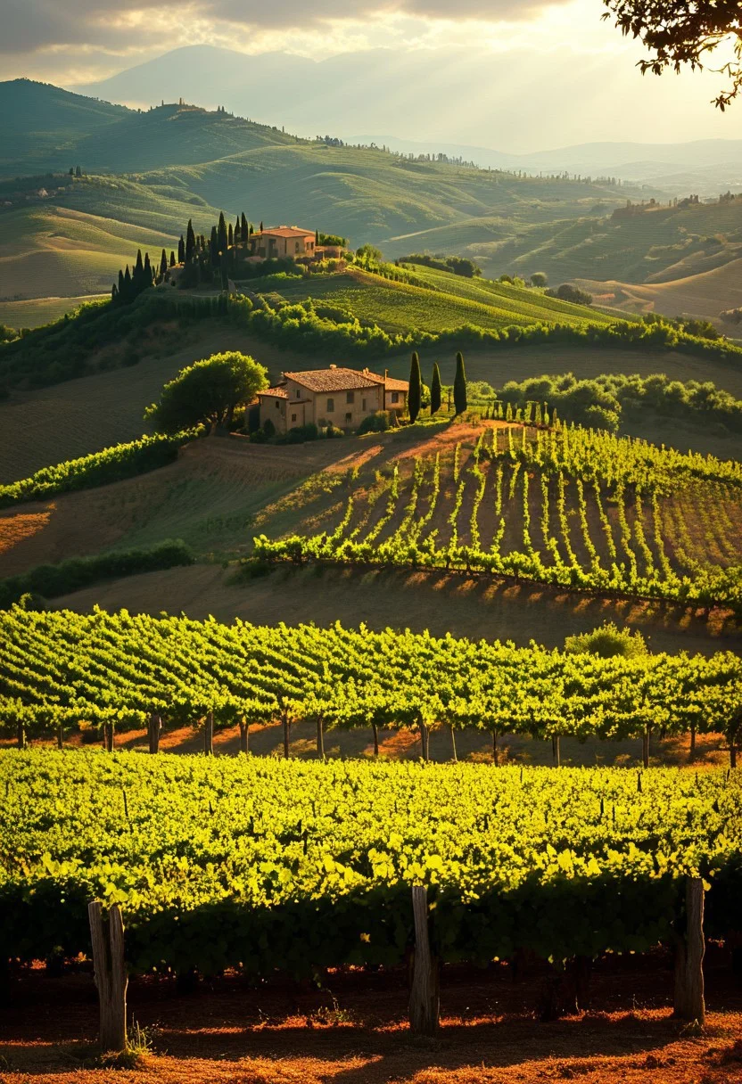 Vineyard in Tuscany with Rolling Hills
A Tuscan vineyard stretches across gently rolling hills, bathed in warm sunlight. Rows of grapevines extend into the distance, their leaves and tendrils meticulously detailed by Ellen Altfest. Jose Royo's vibrant color palette enhances the lush greenery, while Michael James Smith’s delicate handling of light creates stunning reflections and long shadows across the landscape. The scene captures the tranquil beauty of Tuscany, with the vines leading the eye toward the horizon where the sun gently kisses the earth.
vivid colors.
detailmaximizer, aidmaMJ6.1, Movie Still, Film Still, Cinematic, Cinematic Shot, Cinematic Lighting, detailxl, flux-style, midjourneyv6.1
