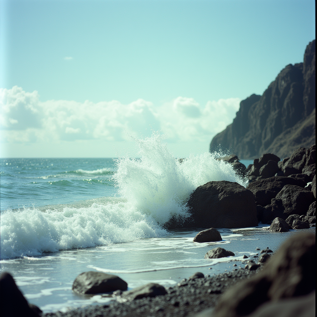 cinematic film still  <lora:Kodak Motion Picture Film style v1:1>
Film grain still image of a rocky beach with a wave crashing against the rocks,outdoors,sky,day,cloud,water,blue sky,no humans,ocean,traditional media,scenery,rock,waves,waterfall,cliff , cinematic look, film look, filmic, contrast, detailed, high quality, sharp image, film color, Kodak Motion Picture Film style, different color, different people, different look, different style, 35MM Film, 16MM Film, Photographic film, music video style, artistic style, cinematic style, film granularity, film noise, image noise, artistic effect, Fujicolor, Fuji film, Analog photography, movie style, movie still, Film grain overlay, Film Grain style . shallow depth of field, vignette, highly detailed, high budget, bokeh, cinemascope, moody, epic, gorgeous, film grain, grainy