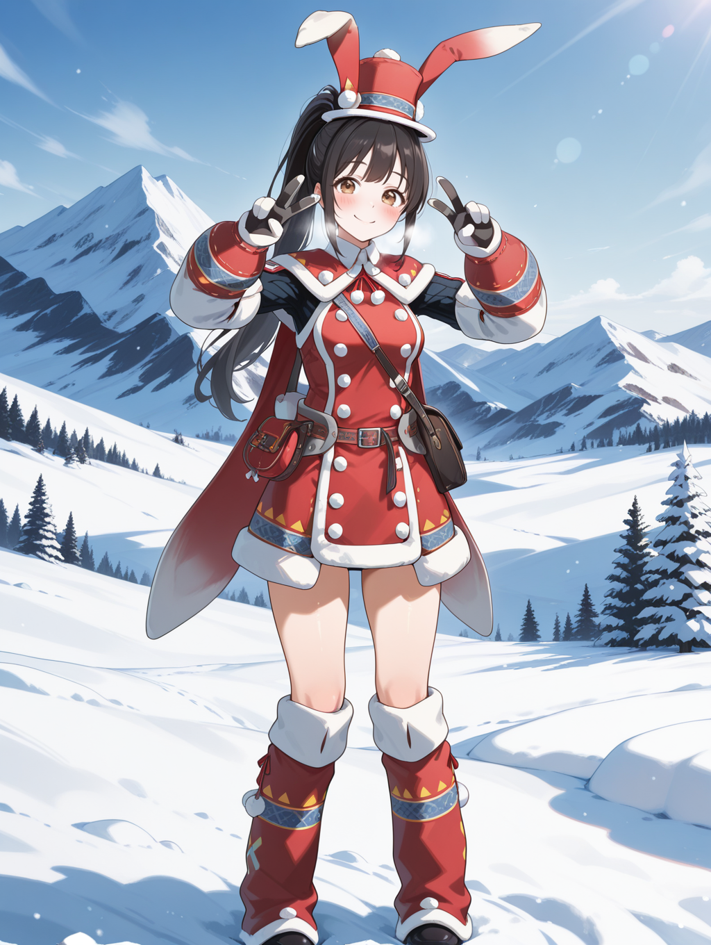 snow,mountain,snowbaron lagombi armor,1girl,solo,black hair,long hair,brown eyes,high ponytail,smile,double v,blush,red fur-trimmed top hat,red fur-trimmed capelet,red fur-trimmed coat,red fur-trimmed gloves,red fur-trimmed boots,full body,red bag,
masterpiece,best quality,amazing quality,very aesthetic,absurdres,newest,<lora:Snowbaron Lagombi Armor illuXL v1:0.75>,