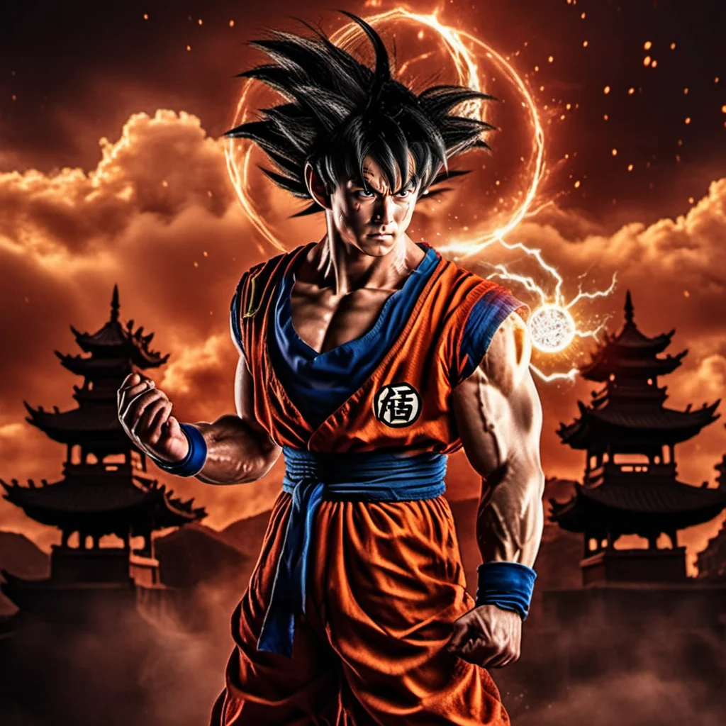 Goku1024 ,  a man dressed in red, casting a powerfull spell, dramatic ball lightning from hands, dragon background, ancient chinese temple, highly detailed, photography, ultra sharp, film, bokeh, professional, 64k  <lora:Goku1024:0.8>