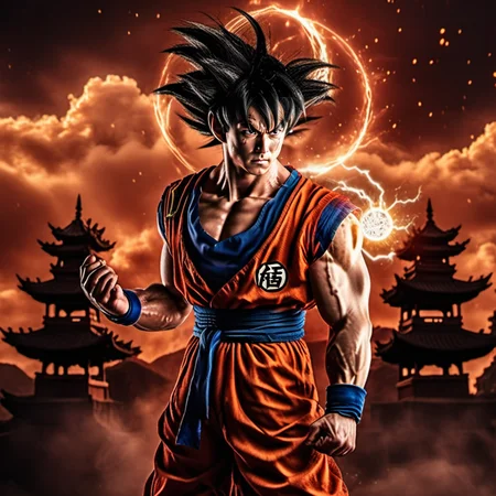 Goku1024 ,  a man dressed in red, casting a powerfull spell, dramatic ball lightning from hands, dragon background, ancient chinese temple, highly detailed, photography, ultra sharp, film, bokeh, professional, 64k  <lora:Goku1024:0.8>