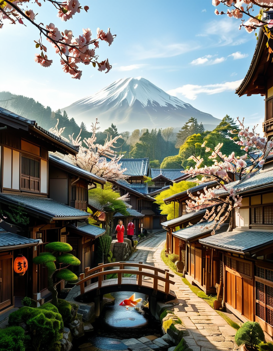 A picturesque traditional Japanese village nestled in a serene valley, surrounded by lush green mountains under a soft morning mist. The village consists of wooden houses with thatched roofs (gassho-zukuri style), showcasing intricate wooden details and sliding paper doors. A narrow stone-paved path winds through the village, leading to a small red torii gate at the entrance of a Shinto shrine. Cherry blossoms in full bloom line the streets, their pink petals gently falling in the breeze. A tranquil river flows through the village, crossed by an old wooden bridge with moss-covered stones. Villagers in traditional kimonos and straw hats go about their daily livesâan elderly man sweeping his porch, a woman carrying a basket of fresh produce, and children playing near a koi pond. The atmosphere is peaceful and nostalgic, with warm sunlight filtering through the trees, casting dappled shadows on the ground. The scene is rich in traditional Japanese aesthetics, evoking a sense of harmony and timeless beauty.
<lora:SDXLFaeTastic2400:0.4> <lora:extremely_detailed:0.4> extremely detailed,<lora:traditional_Japanese_v1ll4g3:1>,traditional Japanese v1ll4g3, Masterpiece,best quality,hi res,8k,hi res,8k,award winning,(sharp focus, intricate, highly detailed),