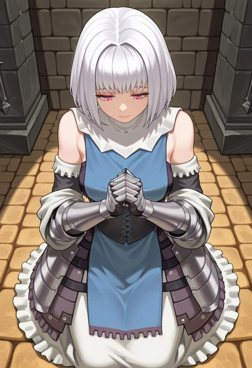 source_vanillaware, 
from above,
1girl, solo, 
SharonIL, Sharon Unicorn Overlord,
pink eyes, white hair, bob cut, short hair, choppy bangs, medium breasts,
white shawl, medieval dress, blue apron, black corset, dress armor, white sleeve tips, black sleeves, silver gauntlets, black boots, 
big dress,
kneeling, praying,
eyes half closed, subtle sadness, looking down,
gravestone in front,