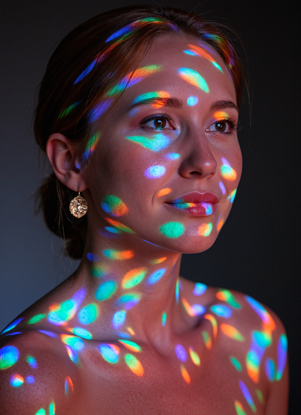 Photorealistic mode, soft facial textures, prismatic lighting effects, era 2020s, modern casual fashion, solo, ambient dreamlike realism style, Rating SFW, a woman gazes calmly into the distance as vivid multicolored light patterns dance across her face and shoulders in a darkened space, her features illuminated by refractions that resemble light through a crystal, ethereal prism filter.
