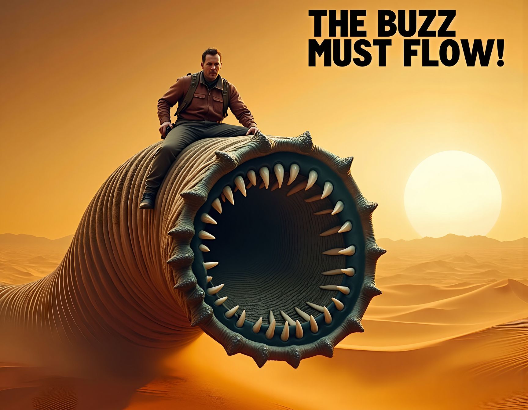 A dramatic movie poster features a man riding atop a colossal sandworm -enormous, cylindrical worm with a rugged, segmented body and a gaping mouth lined with sharp, crystalline teeth. Its massive form undulates through the sand, with powerful, serpentine rings that propel it through the desert. - , set against the vast, golden desert. The sandworm’s massive, segmented body undulates through the dunes, while the man grips tightly, silhouetted against the sunlit horizon.
Bold text at the top reads, “The Buzz Must Flow!” capturing the epic scale and urgency of the scene. 
<lora:Dever_Flux_Enhancer:0.5>