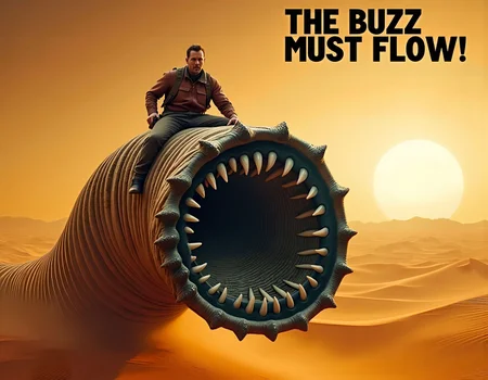 A dramatic movie poster features a man riding atop a colossal sandworm -enormous, cylindrical worm with a rugged, segmented body and a gaping mouth lined with sharp, crystalline teeth. Its massive form undulates through the sand, with powerful, serpentine rings that propel it through the desert. - , set against the vast, golden desert. The sandworm’s massive, segmented body undulates through the dunes, while the man grips tightly, silhouetted against the sunlit horizon.
Bold text at the top reads, “The Buzz Must Flow!” capturing the epic scale and urgency of the scene. 
<lora:Dever_Flux_Enhancer:0.5>