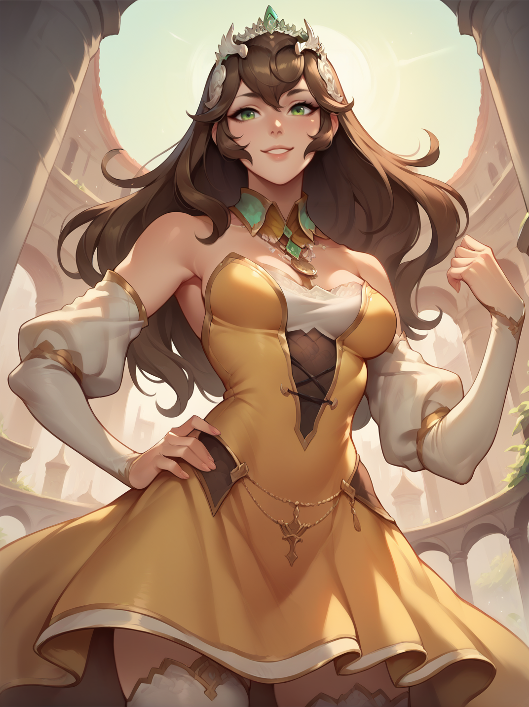 score_9, score_8_up, score_7_up,,
1girl, dynamic pose, dynamic angle, one hand on hips, light smile, cowboy shot, dutch angle, medium breasts, warm light, city, fantasy,from below, hands up, portrait, 
 <lora:AQueenSphene_character:0.9>, SpheeXL, green eyes, brown hair, jewelry, hair ornament, long hair, tiara, necklace, detached sleeves, detached collar, thighhighs, yellow dress, dress,  <lora:Bonifasco_PonyXL_v1:0.6>