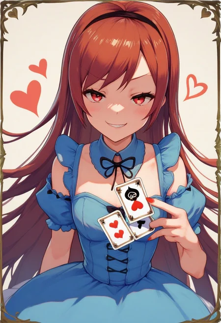score_9, score_8_up, score_7_up, 1girl, alice in wonderland style, blue dress, detached collar, Queen of Hearts, holding card, smug grin, Ami Arakawa