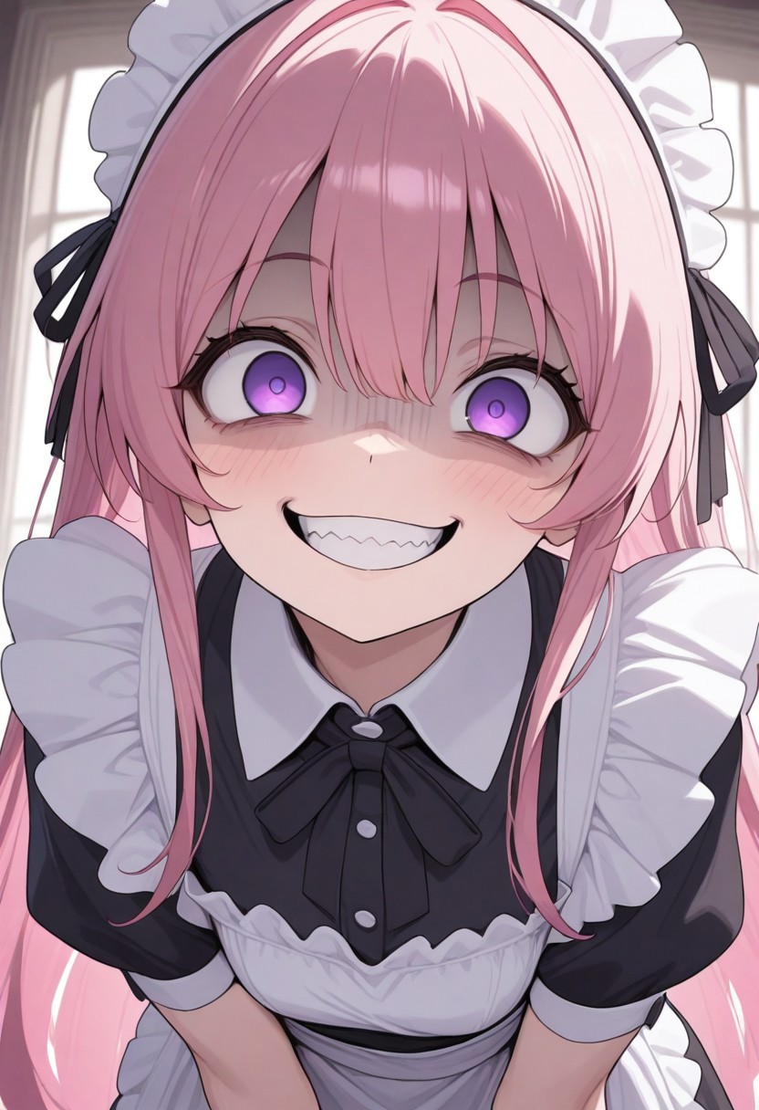 (masterwork, masterpiece, best quality, hyper-detailed, 8k uhd:1.4) 1girl, CivChan, hologram, pink hair, purple eyes,  wide eyes, staring at viewer, maid uniform, huge grin, (scary:1.4), demented, (crazy:1.4),  <lora:CivChan:0.9> quality: masterpiece, extremely aesthetic, highly detailed, dynamic composition, vibrant colors, vivid colors, saturated