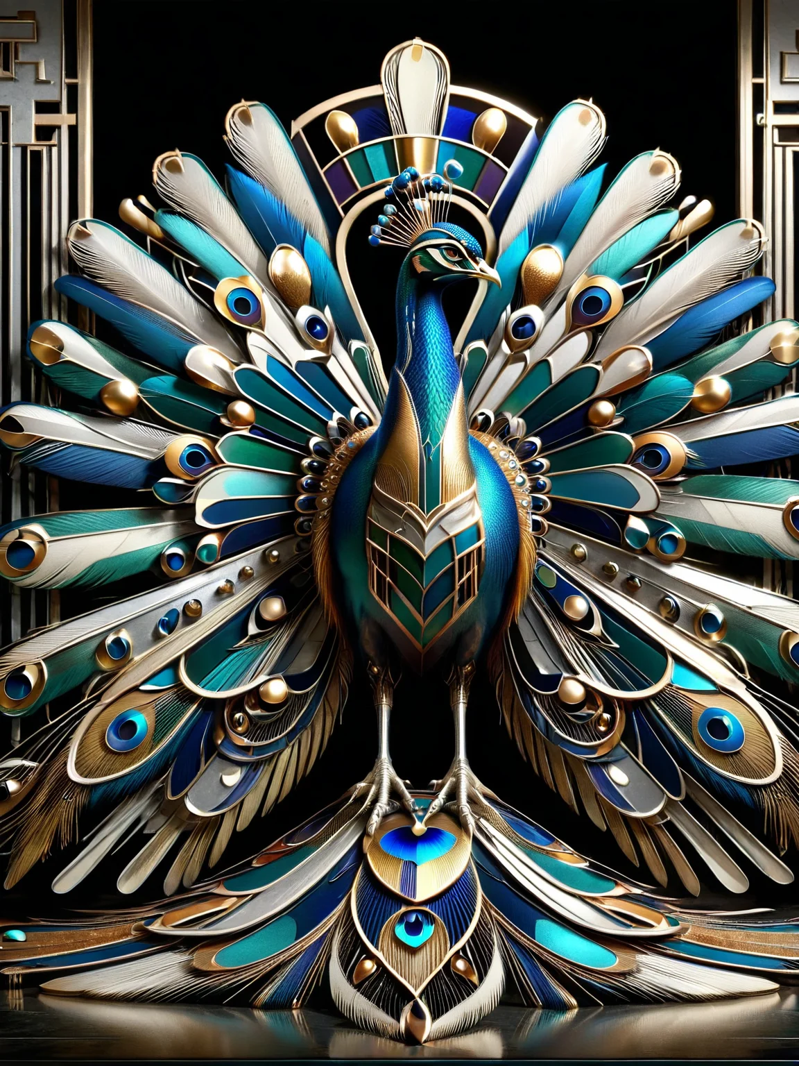 a majestic ais-artdeco peacock displaying its feathers <lora:Art_Deco_Style_SDXL:1>