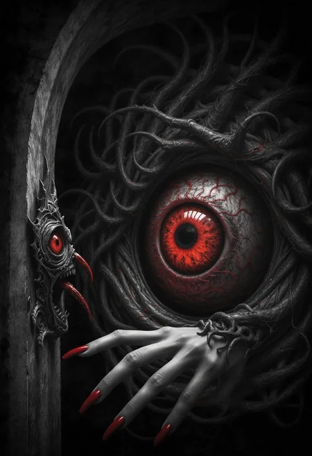 Grimdark fantasy pencil illustration capturing the essence of an infinite depth with an array of bright claws spiraling down its dark walls. A huge ghostly eye is gazing back menacingly. Tangible despair is permeating the atmosphere; selective color scheme with intense red details, ominous, haunting, evil, perfect composition <lora:dmd2_sdxl_4step_lora>