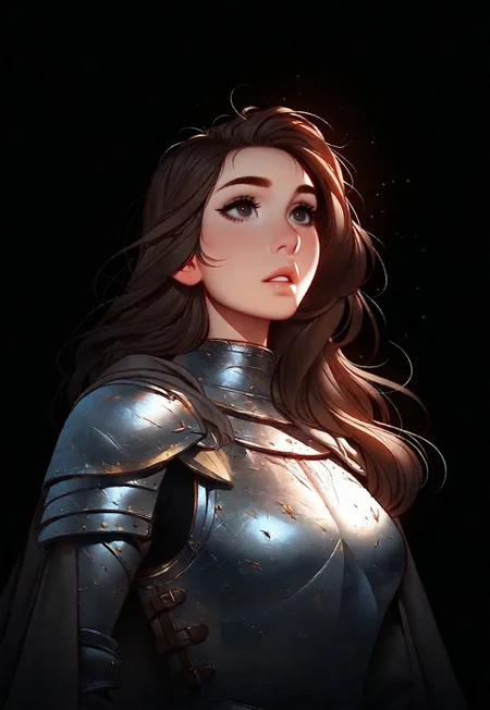 artist : tsuaii, flat colors, face portrait, standing,
1girl, solo, steel plate armor, knight, cape, pauldrons, brown hair, long hair, parted lips,
(((black background))), dynamic lighting, masterpiece, best quality, very aesthetic,