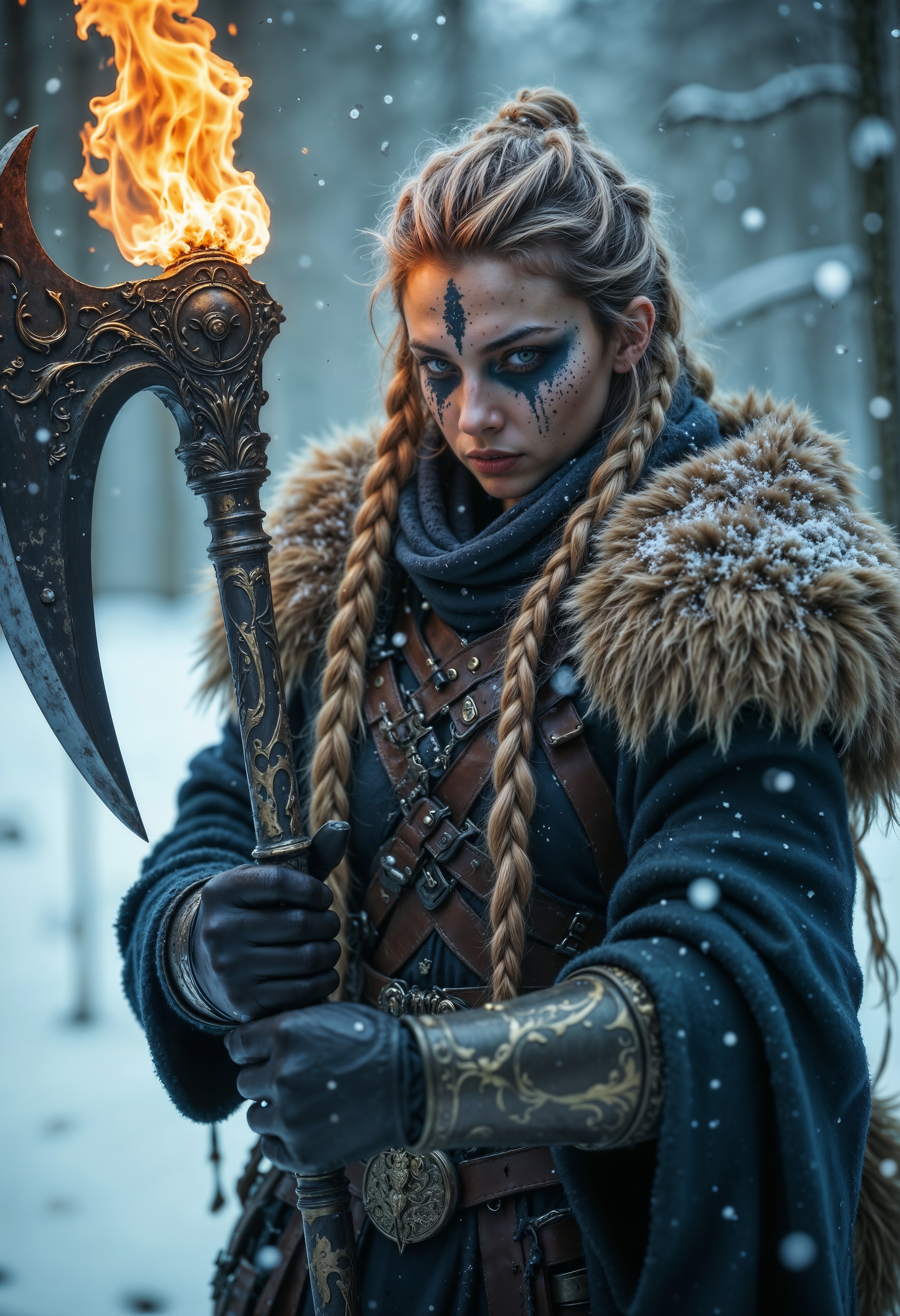 a warrior in a snowy, mystical setting. The subject is a woman with long, braided blonde hair, adorned with intricate braids and beads. Her skin is fair, and she has striking dark war paint accentuating her eyes. The female warrior is clad in detailed armor with fur accents, showcasing a mix of metal and leather textures. She holds a large, ornate axe with a glowing, fiery blade, casting a warm light that contrasts with the cold, blue-toned background. Snowflakes are falling around her, adding to the dramatic and intense atmosphere. The overall composition is dynamic, with a focus on the female warrior's determined expression and the fiery weapon, creating a sense of power and mysticism. (maximum ultra high definition image quality and rendering:3), maximum image detail, maximum realistic render, (((ultra realist style))), realist side lighting, , 8K high definition, realist soft lighting, (amazing special effect:3.5).