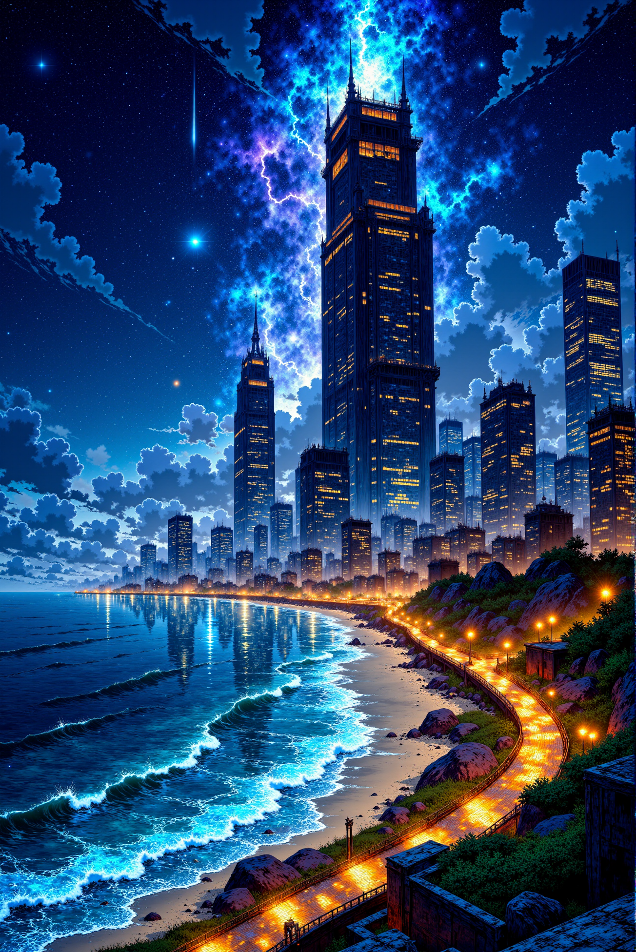 <lora:Vibrantly_Sharp_style_v.5:0.9>  Futuristic Coastal Metropolis Beneath a Cosmic Sky. A sprawling coastal city glows beneath a star-studded sky, where an enormous, luminous tower rises into the heavens, its apex seemingly touching the very fabric of the cosmos. The cityscape, woven with winding canals and golden-lit buildings, stretches along the shore, where waves of bioluminescent blue lap gently against the sand. The celestial backdrop, bursting with nebulous clouds and shooting stars, creates a striking contrast between the earthly and the infinite. The reflection of the sky shimmers upon the water, blending the boundaries between land and space. This scene, composed with a blend of cyberpunk aesthetics and high-fantasy grandeur, captures the essence of a futuristic utopia seamlessly intertwined with the mysteries of the universe.