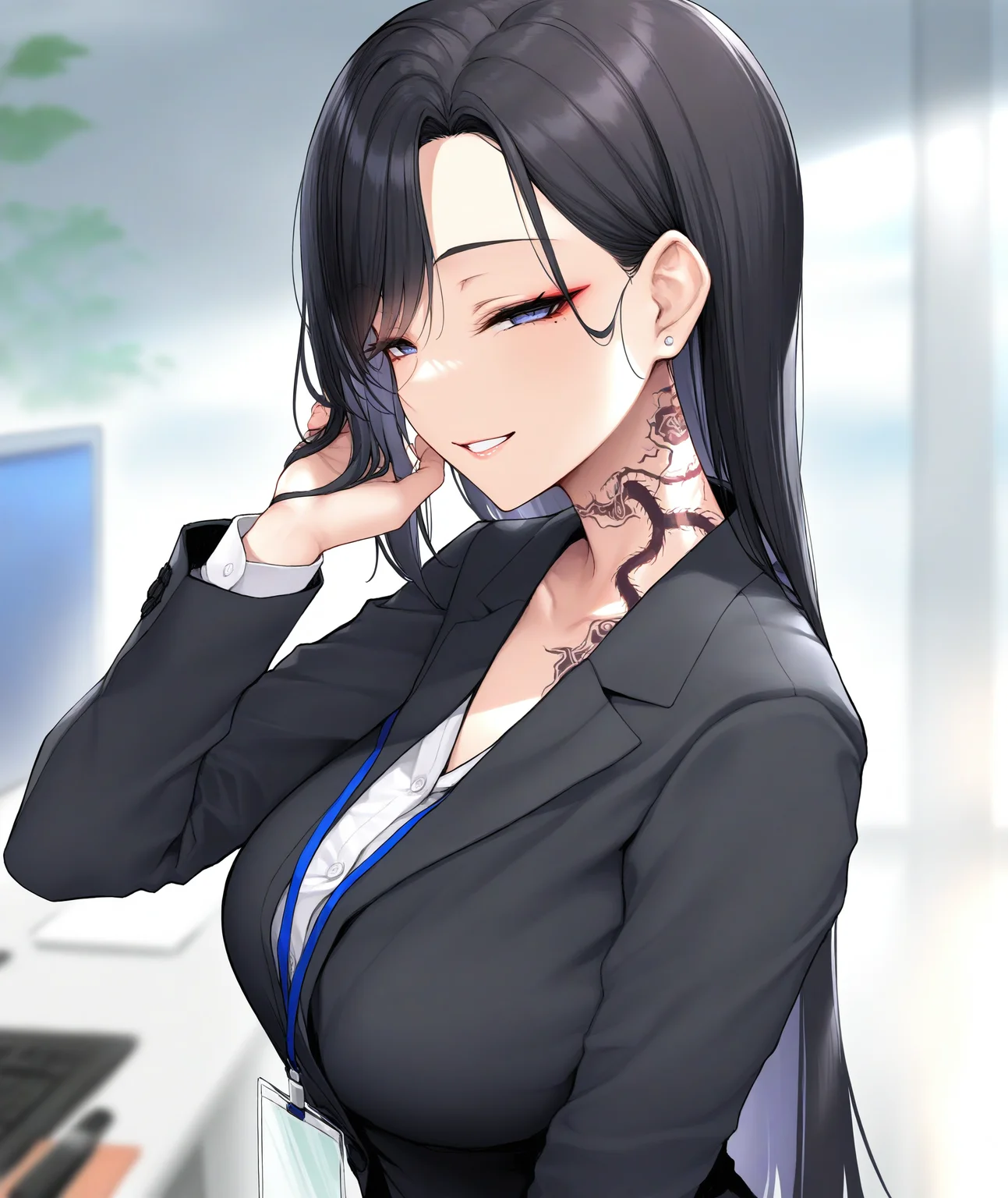 office,
solo, 1girl, neck_tattoo, black tattoo, huge centipede print, showing neck, closed up, collared shirt, adjusting hair, from side
office lady, happy smile, half closed eyes, looking at viewer,
masterpiece, absurdres,
<lora:ppsn:1>
<lora:tattoo-NOOB-VPRED1.0-V2-loha-32-drop0.12025-03-12_16-38-07-save-6349-7-0:1>