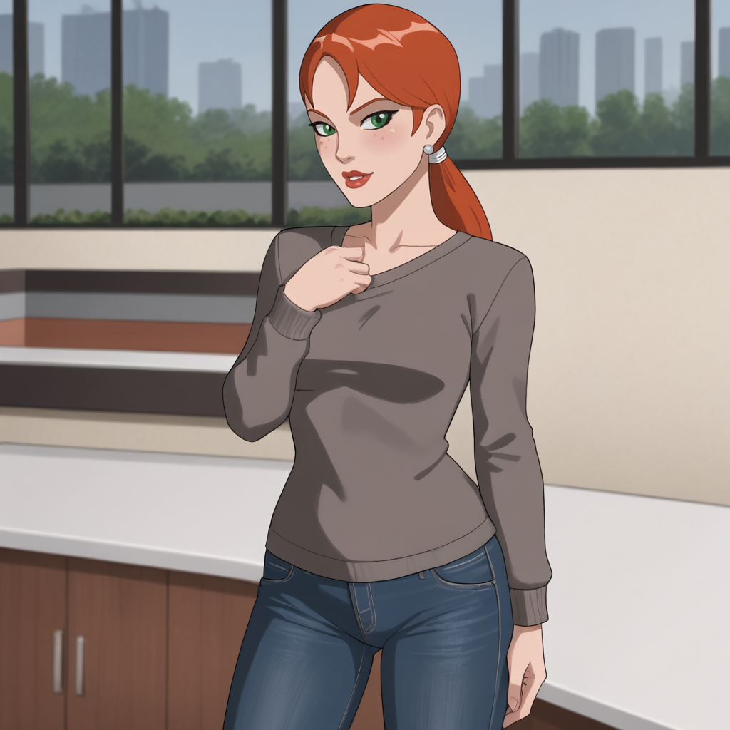 <lora:pepperpottsemh_pony_v1:.7> pepperpottemh, 1girl, green eyes, lipstick, ponytail, red hair, earrings, jewelry, makeup, long hair, sweater, jeans