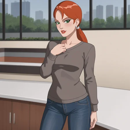 <lora:pepperpottsemh_pony_v1:.7> pepperpottemh, 1girl, green eyes, lipstick, ponytail, red hair, earrings, jewelry, makeup, long hair, sweater, jeans
