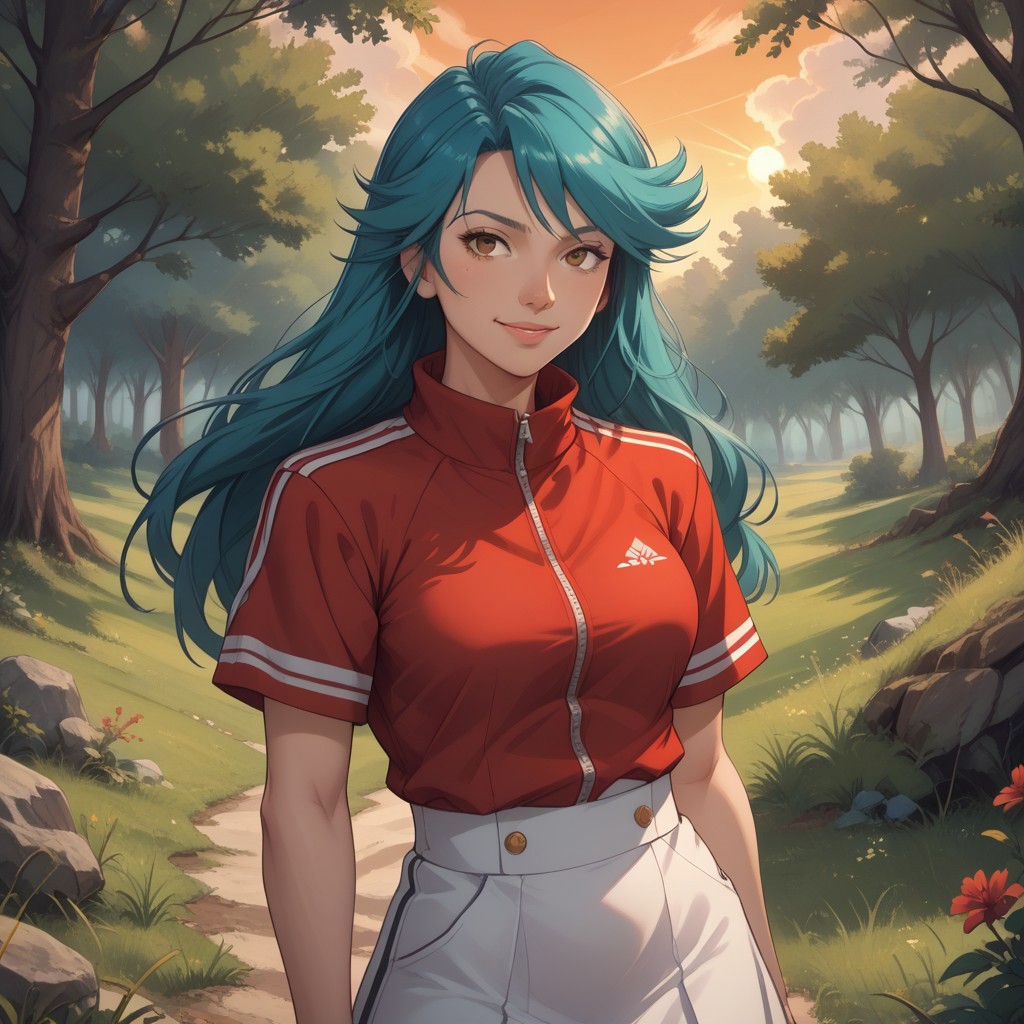 score_9, score_8, BREAK, katie(pokemon anime),woman,(long hair,turquoise hair,curtain bangs),(dark brown eyes,tsurime eyes),(red sporty shirt,short sleeved zipper shirt,white shoulder stripes),(long skirt,flat skirt,black skirt,red side stripe),(red sandals), sexy pose, self portrait, smile, outdoors, sunlight, shadows, evening lighting, natural lighting, forest, trees, grass, orange sky, sunset