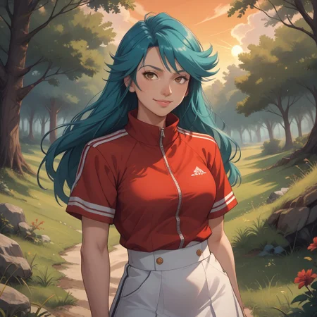 score_9, score_8, BREAK, katie(pokemon anime),woman,(long hair,turquoise hair,curtain bangs),(dark brown eyes,tsurime eyes),(red sporty shirt,short sleeved zipper shirt,white shoulder stripes),(long skirt,flat skirt,black skirt,red side stripe),(red sandals), sexy pose, self portrait, smile, outdoors, sunlight, shadows, evening lighting, natural lighting, forest, trees, grass, orange sky, sunset