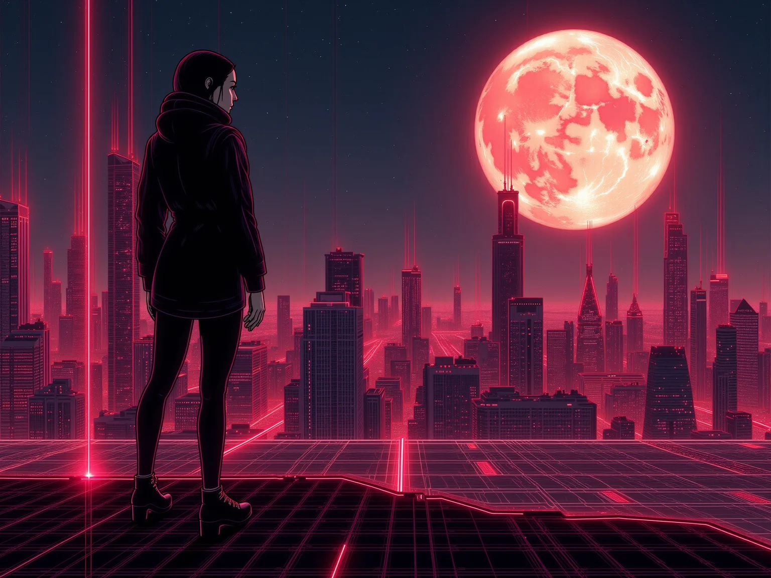 mad-cyberspace, woman standing on the roof skyscraper in the left part of the image, cityscape, moon, red glowing outlines,  grid <lora:Neon_Cyberpunk_Cyberspace_FLUX:0.9>