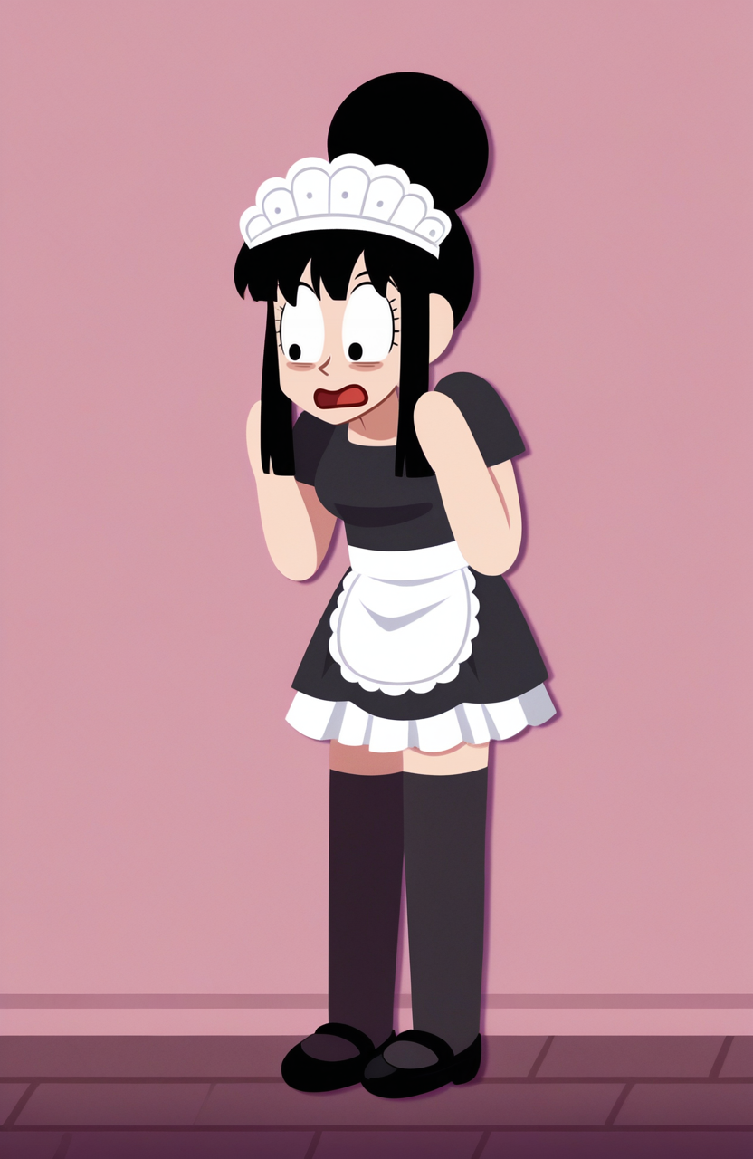 1girl, solo, no lineart, paper texture, 
chi-chi \(dragon ball\), black hair, black eyes, large bun , cafe uniform, short sleeve blouse, tiered skirt, thighhighs, lace headdress, waist apron, standing, leaning slightly, eyes bulging, shocked expression, frozen pose,
 <lora:GrittySugar:1> grittysugar, extremely detailed, highres, masterpiece, best quality