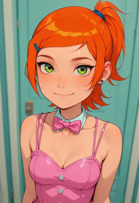 masterpiece, best quality, good quality, very aesthetic, absurdres, newest, 8K, depth of field, focused subject,
 close up, stylized, wabi sabi, 
1girl, Gwendolyn_Tennyson, orange hair, medium hair, ponytail, freckles, cute,
slight smile,
pink bunny girl outfit,
medium breasts,
dynamic angle, 
standing,