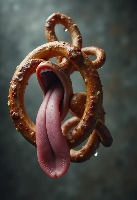 a surreal photograph of two twisted tongues, a tale of entanglement with twists and turns, a pretzel knot <lora:Dever_Flux_Enhancer:0.5>