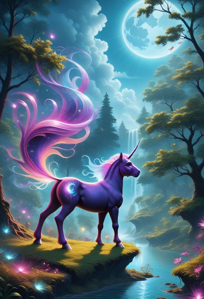 score_9,score_8_up,score_7_up,
Create a highly detailed and vibrant image of a majestic, mystical pony standing in an enchanting forest. The pony should have a flowing, iridescent mane and tail, shimmering with colors of the rainbow. Its coat should be a sparkling silver with subtle patterns of stars and moon phases. Surround the pony with a lush, magical forest featuring towering, ancient trees with luminescent leaves, delicate flowers in various shades of blue and purple, and a gentle stream with crystal-clear water. The background should have a soft, ethereal glow, giving the entire scene a dreamlike quality. Add fireflies and soft light beams filtering through the tree canopy to enhance the enchanting atmosphere.