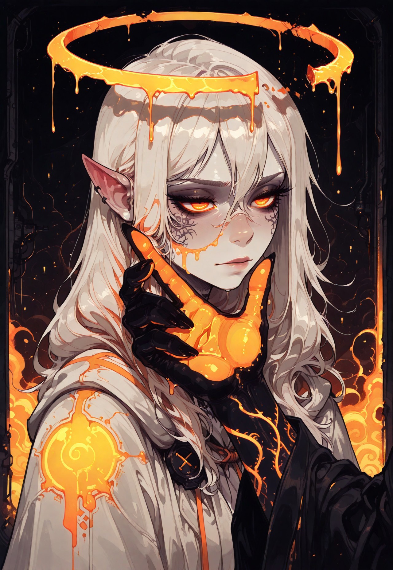 score_9, score_8_up, score_7_up, masterpiece, best quality, very aesthetic, detailed face, (dynamic:1.1), incoth, (incase:0.6), thick lines, illustration, 1girl, corrupted angel, Beautiful, dark, melting halo, orange glow, red hot, heat, golden orange eyes, otherworldly, white hair, long hair, pointy ears, serene, pale skin, close up, robes, (sideview:0.5), mark, tattoo, touching,