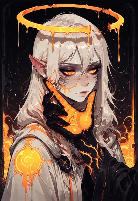 score_9, score_8_up, score_7_up, masterpiece, best quality, very aesthetic, detailed face, (dynamic:1.1), incoth, (incase:0.6), thick lines, illustration, 1girl, corrupted angel, Beautiful, dark, melting halo, orange glow, red hot, heat, golden orange eyes, otherworldly, white hair, long hair, pointy ears, serene, pale skin, close up, robes, (sideview:0.5), mark, tattoo, touching,