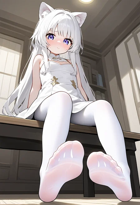 1girl, solo, animal ears, white hair, bangs, long hair, white dress, white pantyhose, feet, soles, sitting, indoors, from below, looking at viewer, (embarrassed:0.5), <lora:xuegao-000004:0.8>