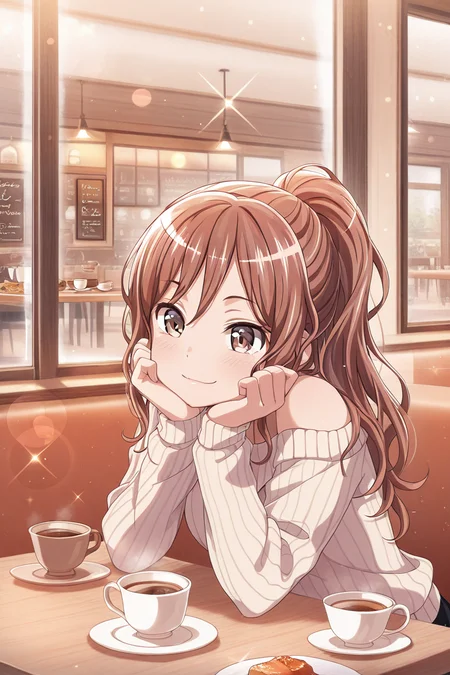 masterpiece, best quality, amazing quality,
<lora:Lisa_IL:1> lisa_imai, 1girl, cup, teacup, saucer, solo, smile, brown hair, restaurant, sweater, food, light particles, cafe, long hair, indoors, bangs, coffee, table, window, plate, head rest, lens flare, ponytail, brown eyes, tea, sparkle