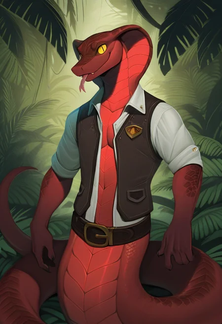 best quality, hi res, high quality, anthro, male, furry, 1boy, solo, anthropomorphic_snakes_(naga), solo, white open shirt, vest, belt, red body, yellow sclera, slit pupil, smile, scales, no humans, tail, colored sclera, tongue, outside, jungle, portrait, <lora:Anthropomorphic_snakes_Naga_illustrious:1>