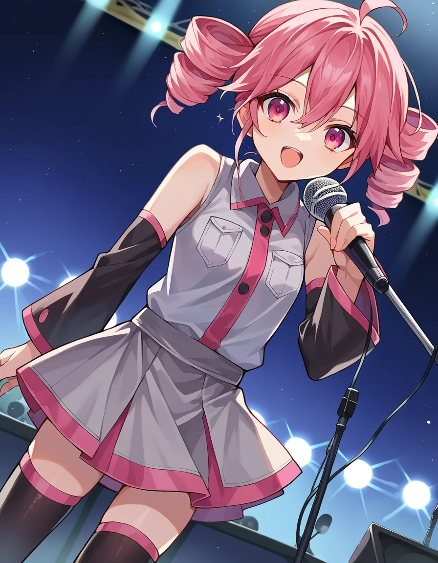 score_9, score_8_up, score_7_up, source_anime,
tetokasane, <lora:teto-kasane-ponyxl-lora-nochekaiser:1>,
teto kasane, ahoge, pink eyes, drill hair, pink hair,
detached sleeves, skirt, thighhighs, zettai ryouiki, sleeveless, shirt, grey shirt, collared shirt, grey skirt,
indoors, stage, stage lights, singing, audience, microphone, holding microphone, open mouth,
looking at viewer, cowboy shot, dutch angle,