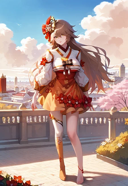 safe_pos, score_9,score_8_up,score_7_up,masterpiece, best quality, <lora:WHM 0.2v:0.5>, WHM, 2D,anime,
<lora:HandFixer_pdxl_Incrs_v1:0.5>,
1girl,
sines, yellow eyes, long hair, brown hair, hair between eyes, hair over one eye, hair ornament, jewelry, flower, long sleevess, orange skirt, dress, korean clothes, japanese clothes, single thighhigh, barefoot, anklet
, large breasts,
thighhighs,
outdoors, scenery, cloud, blue sky, city,