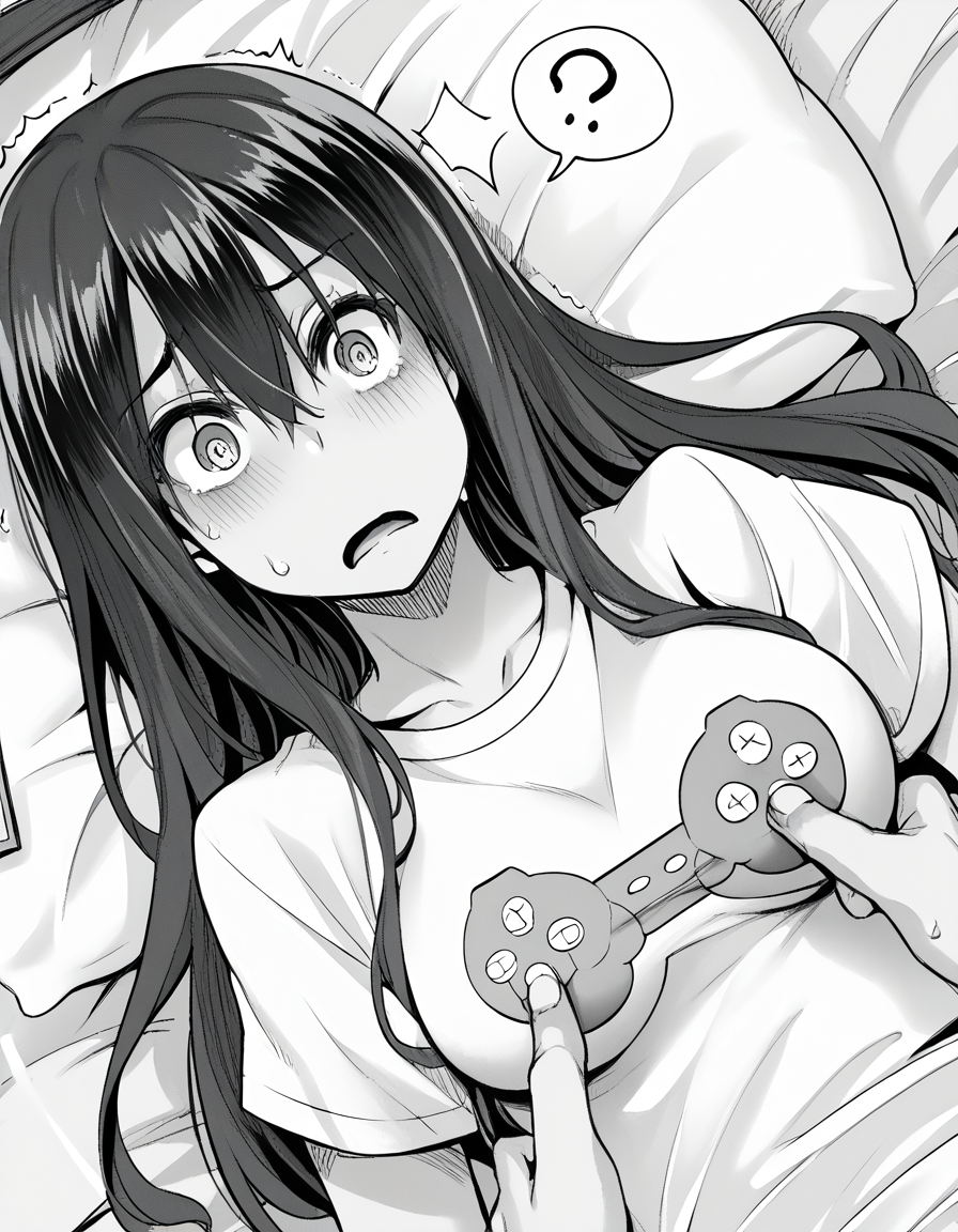 score_9, score_8_up, score_7_up, source_anime, sakiyoshida, <lora:saki-yoshida-manga-ponyxl-lora-nochekaiser:1>, saki yoshida, long hair, hair between eyes, monochrome, greyscale, black hair, medium breasts,, <lora:game-controller-print-ponyxl-lora-nochekaiser:1>, game controller print, game controller, print shirt,, bed, bed room, <lora:breast-poke-ponyxl-lora-nochekaiser:1>, breast poke, ?, blush, open mouth,, cowboy shot, dutch angle,