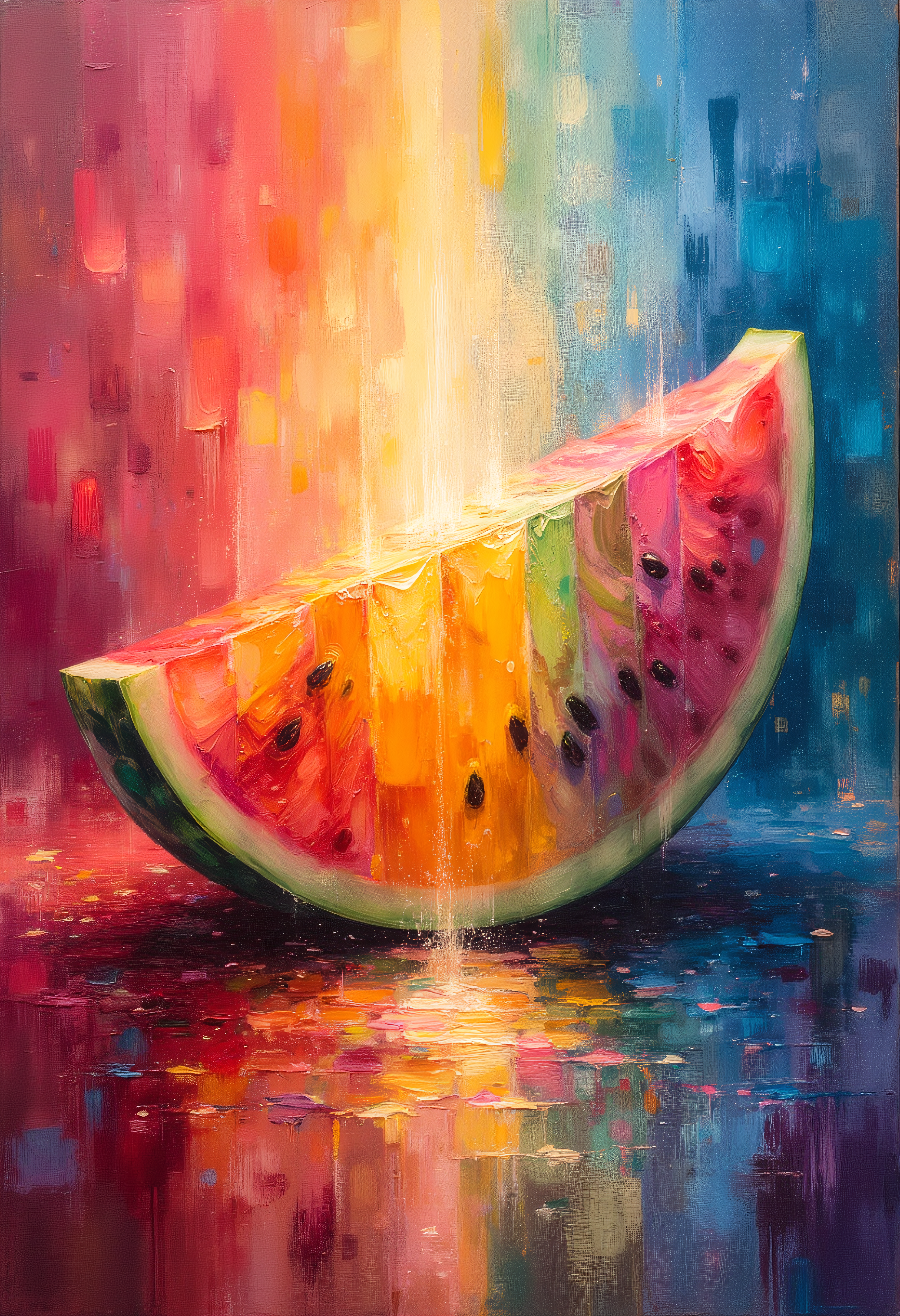 Painting, A rainbow watermelon patch, vibrant glow, bokeh, depth of field