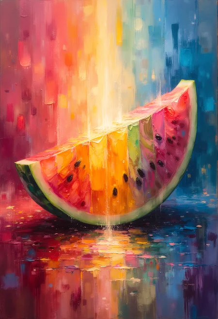 Painting, A rainbow watermelon patch, vibrant glow, bokeh, depth of field