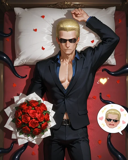 PonyScores7, source_anime, ah1
BREAK <lora:albertwesker-guy-PONYv1:0.8> albertwesker, albert wesker, 1boy, blonde, (sunglasses:1.3), looking at viewer, toned, athletic, fit, slicked back hair, mature male, short hair, (lying bed), (<lora:Indian_First_Night_Bed:0.8> bed, pillow, flower, heart, petals, rose, red flower, carpet, bouquet, red rose, rose petals, ornaments,), ((Stolid, A face showing great self-control, with little emotional display expression)), (focused, intense glare), (reddish orange eyes, slit pupils), (angular face, sharp_featured face), handsome, charming, alluring,  <lora:MC_superhuman:0.2> ((black tentacles, black tendrils))
BREAK <lora:xl_more_art-full_v1:0.2>, <lora:shinyskin2:0.2> glistening skin, <lora:aesthetic_anime_v1s:0.2>, <lora:Expressive_H:0.2> Expressiveh, <lora:hairdetailpxl:0.2> hairdetailpxl, <lora:EpicF4nta5yXL:0.2>, <lora:detailxl:0.2> detailxl, <lora:Fant5yP0ny:0.2>, best quality, amazing quality, best aesthetic, absurdres, <lora:expressive eyes:0.2> expressive eyes, <lora:eyedetailpxl:0.2> eyedetailpxl, illustration, Volumetric_Lighting, ultra-detailed, very aesthetic, intricate details, 8k, masterpiece, best_quality
BREAK (Aerial view Extreme Close shot (focus on waist))
BREAK <lora:Eyes_High_Definition:0.3> EyesHD, Stable_Yogis_PDXL_Positives, AS-Adult, <lora:Complicated fantasy portrait - XL Pony V2.0:0.4>, bad-hands-5, AS-MidAged,