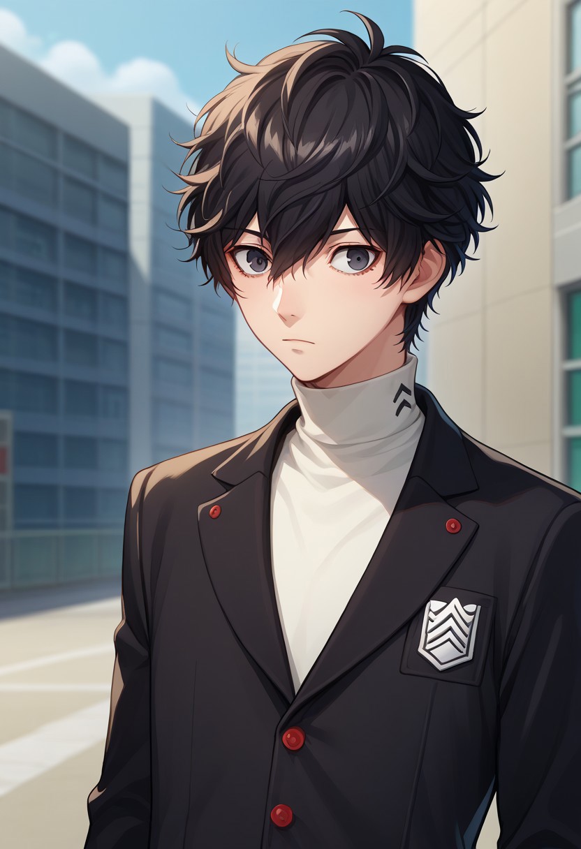 score_9, score_7_up, source_anime 
renpers, 1boy, male focus, solo, black eyes, black hair, hair between eyes, short hair, school uniform, shuujin academy school uniform, shirt, white shirt, turtleneck, jacket, black jacket,
outdoor,