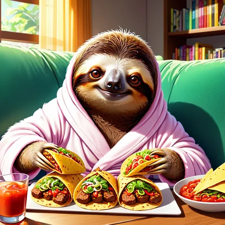 anime artwork <lora:sl0th-000007:0.7> , sloth eating a large amount of tacos,, wearing a bathrobe, laying on a couch, detailed, anime style, key visual, vibrant, studio anime, highly detailed