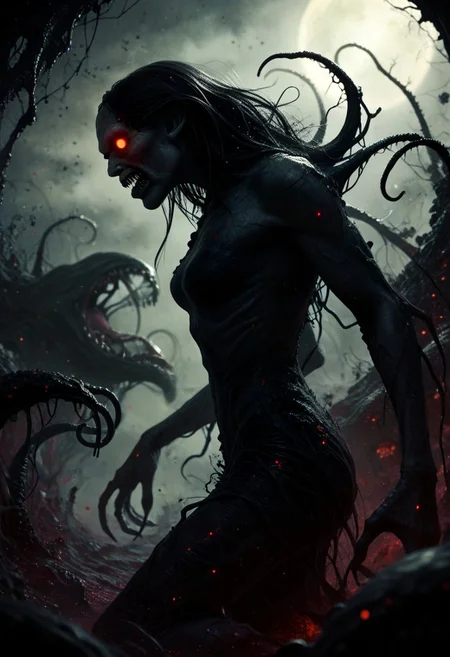 (score_9_up, score_8_up), score_7_up, a monstrous mass of veins and sinew, [eldritch], colorful, evil sinister, horror, Cosmic abomination, bodyhorror, action shot, detailed background, otherworldly, angled sideview, establishing shot