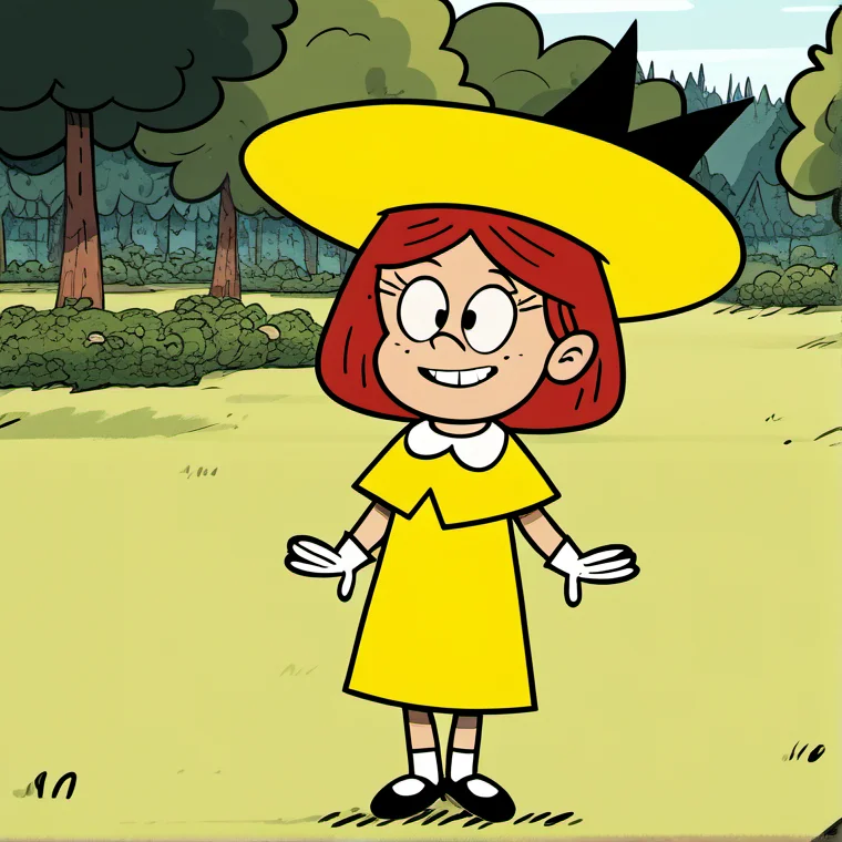 score_9, score_8, score_7, 1girl, solo, loudstyle, the loud house, break, madeline_fg, hat, red hair, gloves, yellow dress, cute, tree, grass, natural lighting, <lora:loudstyle:1>, <lora:Madeline_Fogg_Madeline:1>,