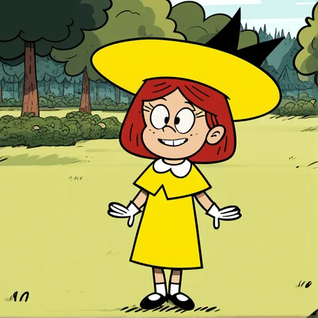 score_9, score_8, score_7, 1girl, solo, loudstyle, the loud house, break, madeline_fg, hat, red hair, gloves, yellow dress, cute, tree, grass, natural lighting, <lora:loudstyle:1>, <lora:Madeline_Fogg_Madeline:1>,